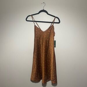 Cherry Print Lace Trim Satin Slip Dress